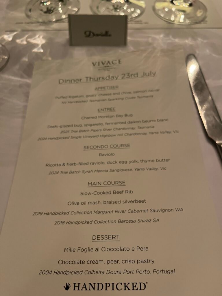 Handpicked Wines menu at Vivace Brighton anniversary dinner